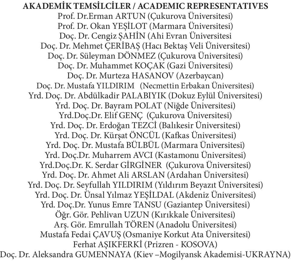 Doç. Dr. Bayram POLAT (Niğde Üniversitesi) Yrd.Doç.Dr. Elif GENÇ (Çukurova Üniversitesi) Yrd. Doç. Dr. Erdoğan TEZCİ (Balıkesir Üniversitesi) Yrd. Doç. Dr. Kürşat ÖNCÜL (Kafkas Üniversitesi) Yrd. Doç. Dr. Mustafa BÜLBÜL (Marmara Üniversitesi) Yrd.