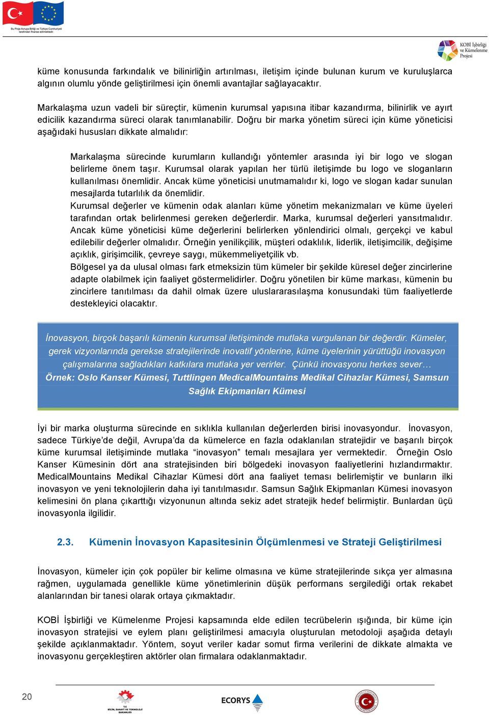 Doğru bir marka yönetim süreci için küme yöneticisi aşağıdaki hususları dikkate almalıdır: Markalaşma sürecinde kurumların kullandığı yöntemler arasında iyi bir logo ve slogan belirleme önem taşır.