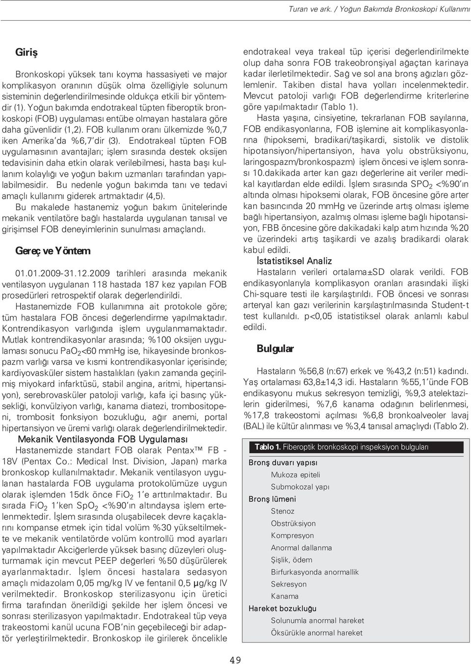 bir yöntemdir (1). Yoğun bakımda endotrakeal tüpten fiberoptik bronkoskopi (FOB) uygulaması entübe olmayan hastalara göre daha güvenlidir (1,2).