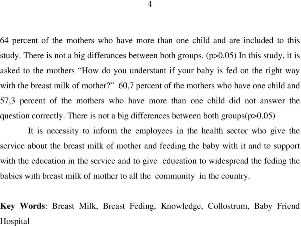 60,7 percent of the mothers who have one child and 57,3 percent of the mothers who have more than one child did not answer the question correctly.