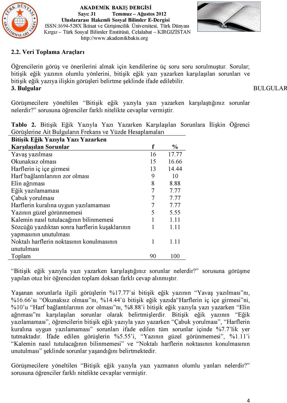 Bulgular BULGULAR Görüşmecilere yöneltilen Bitişik eğik yazıyla yazı yazarken karşılaştığınız sorunlar nelerdir? sorusuna öğrenciler farklı nitelikte cevaplar vermiştir. Tablo 2.