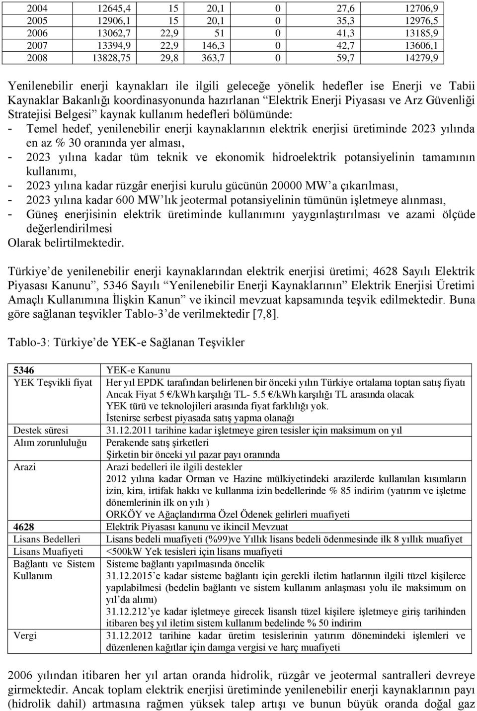 kaynak kullanım hedefleri bölümünde: - Temel hedef, yenilenebilir enerji kaynaklarının elektrik enerjisi üretiminde 2023 yılında en az % 30 oranında yer alması, - 2023 yılına kadar tüm teknik ve