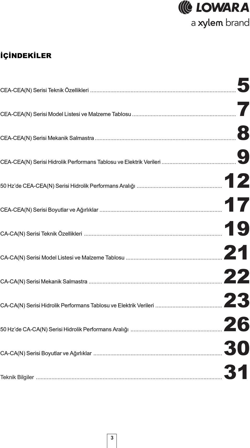 ..12 CEA-CEA(N) Serisi Boyutlar ve Ağırlıklar...17 CA-CA(N) Serisi Teknik Özellikleri...19 CA-CA(N) Serisi Model Listesi ve Malzeme Tablosu.