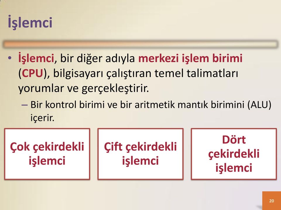 Bir kontrol birimi ve bir aritmetik mantık birimini (ALU) içerir.