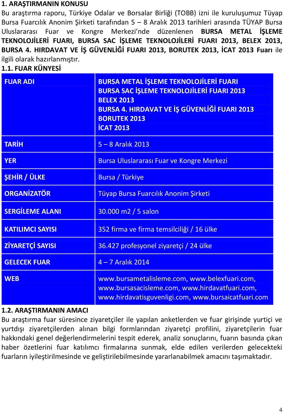 HIRDAVAT VE İŞ GÜVENLİĞİ FUARI 2013, BORUTEK 2013, İCAT 2013 Fuarı ile ilgili olarak hazırlanmıştır. 1.1. FUAR KÜNYESİ FUAR ADI TARİH 5 8 Aralık 2013 BURSA METAL İŞLEME TEKNOLOJİLERİ FUARI BURSA SAC İŞLEME TEKNOLOJİLERİ FUARI 2013 BELEX 2013 BURSA 4.