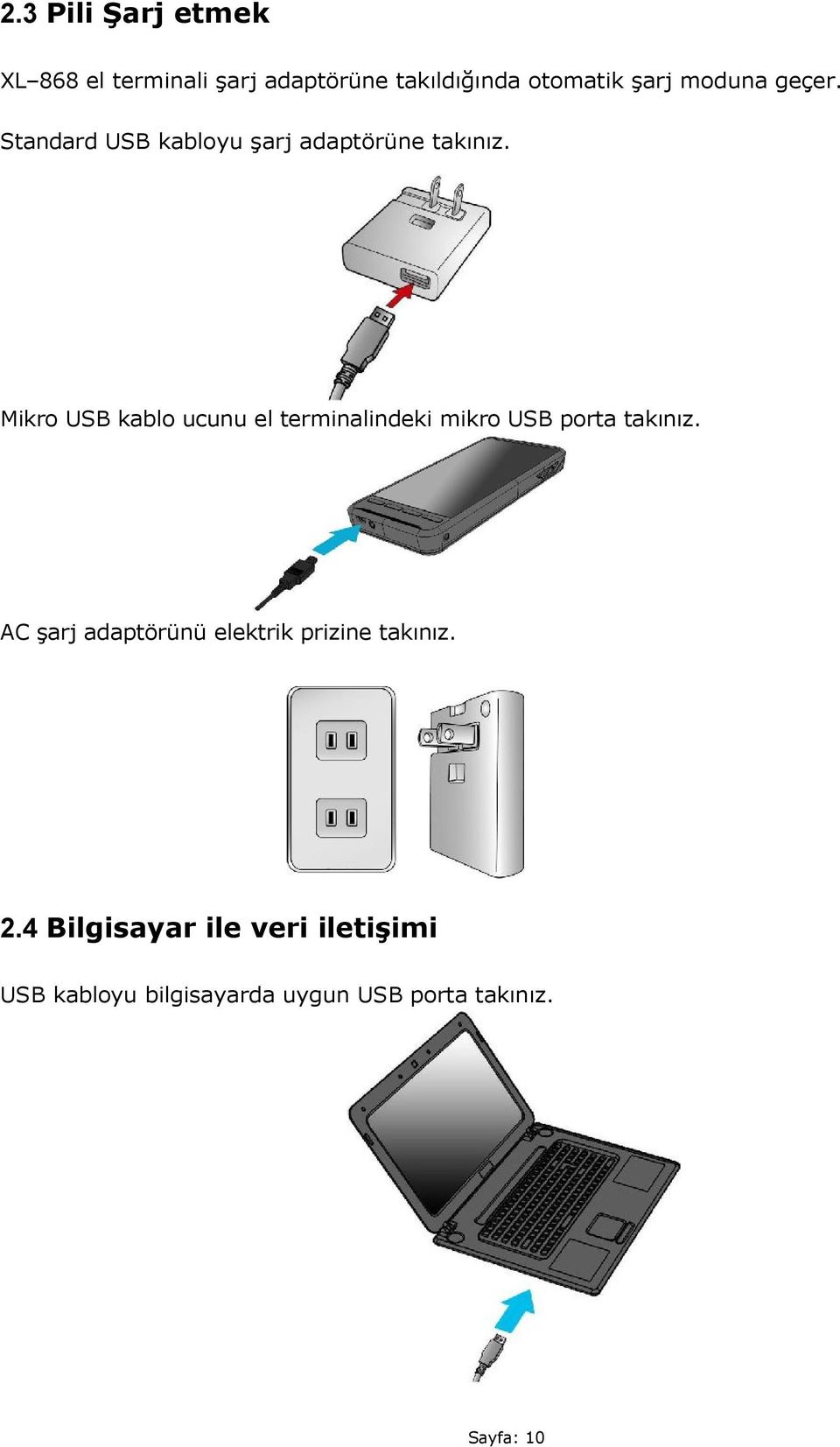 Mikro USB kablo ucunu el terminalindeki mikro USB porta takınız.