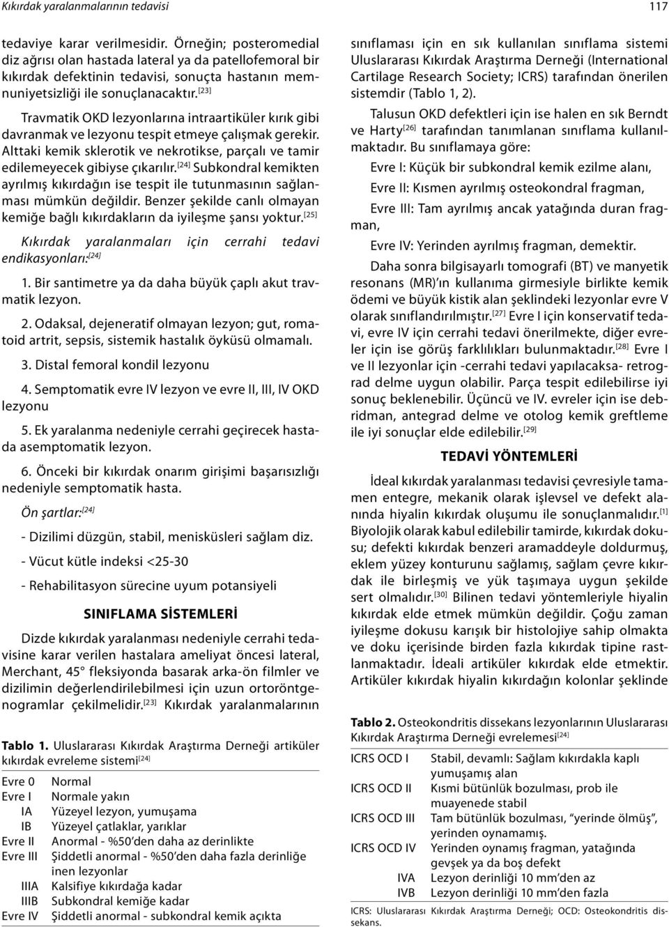 [23] Travmatik OKD lezyonlarına intraartiküler kırık gibi davranmak ve lezyonu tespit etmeye çalışmak gerekir. Alttaki kemik sklerotik ve nekrotikse, parçalı ve tamir edilemeyecek gibiyse çıkarılır.