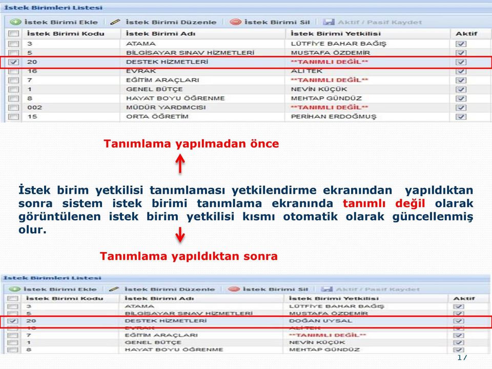 tanımlama ekranında tanımlı değil olarak görüntülenen istek birim