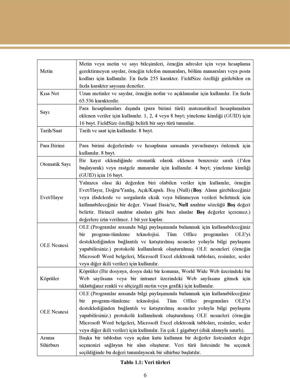 536 karakterdir. Para hesaplamaları dışında (para birimi türü) matematiksel hesaplamalara eklenen veriler için kullanılır. 1, 2, 4 veya 8 bayt; yineleme kimliği (GUID) için 16 bayt.