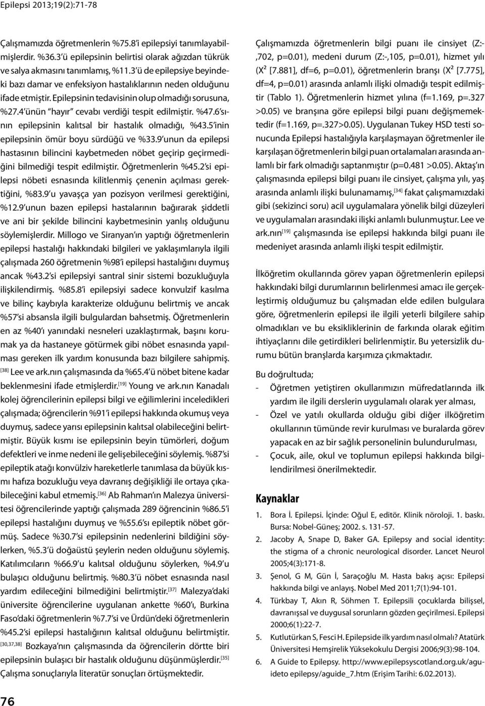 %47.6 sının epilepsinin kalıtsal bir hastalık olmadığı, %43.5 inin epilepsinin ömür boyu sürdüğü ve %33.