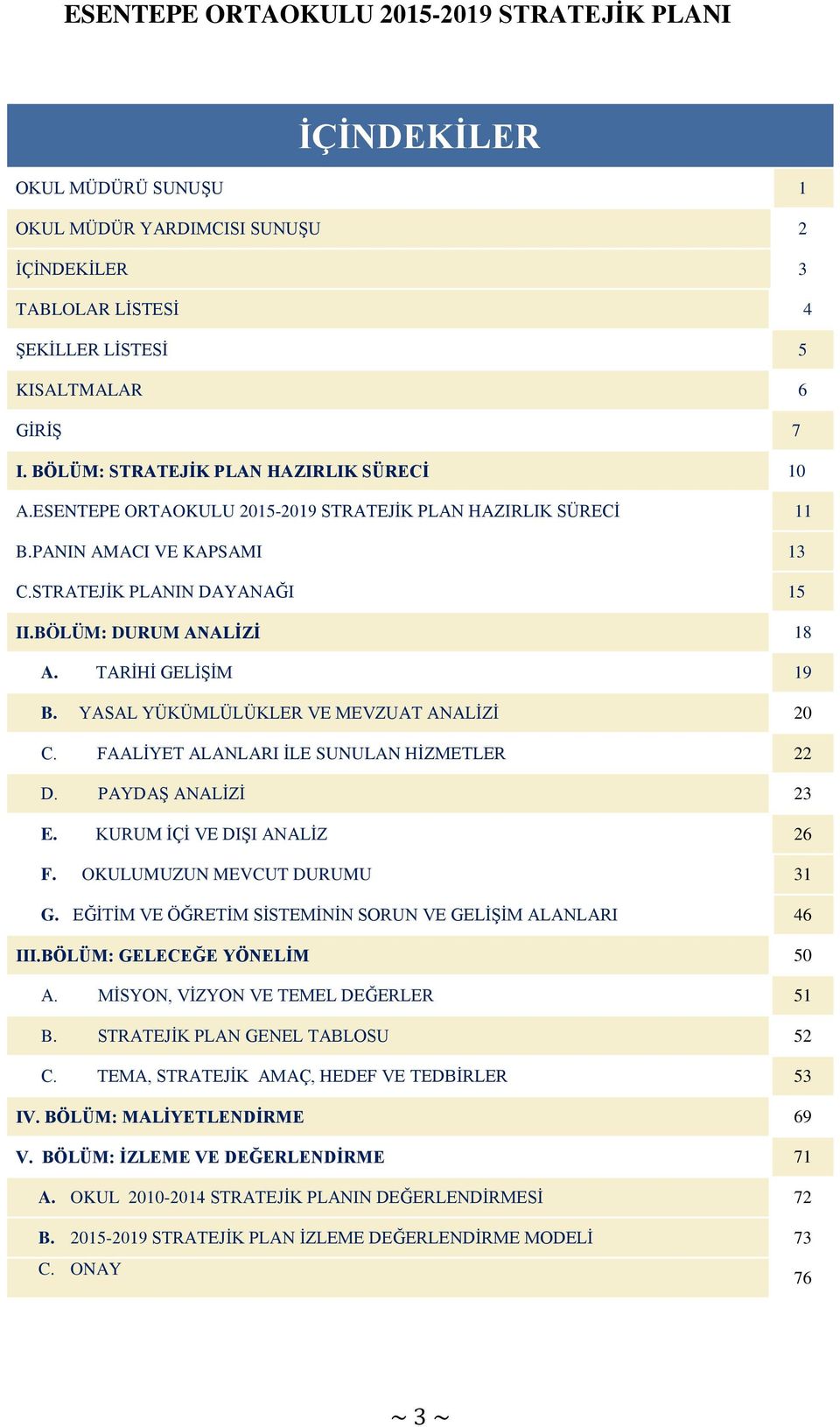 YASAL YÜKÜMLÜLÜKLER VE MEVZUAT ANALİZİ 20 C. FAALİYET ALANLARI İLE SUNULAN HİZMETLER 22 D. PAYDAŞ ANALİZİ 23 E. KURUM İÇİ VE DIŞI ANALİZ 26 F. OKULUMUZUN MEVCUT DURUMU 31 G.