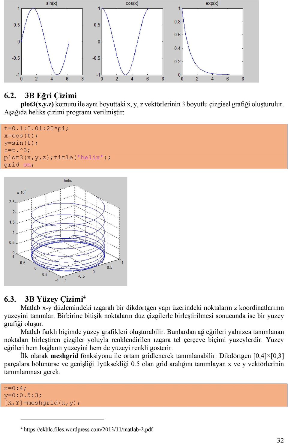 Birbirine bitişik noktaların düz çizgilerle birleştirilmesi sonucunda ise bir yüzey grafiği oluşur. Matlab farklı biçimde yüzey grafikleri oluşturabilir.