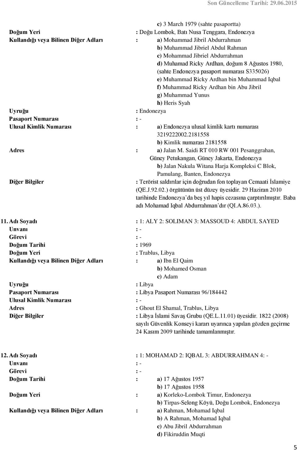 Muhammad Yunus h) Heris Syah : Endonezya Ulusal Kimlik Numarası : a) Endonezya ulusal kimlik kartı numarası 3219222002.2181558 b) Kimlik numarası 2181558 : a) Jalan M.