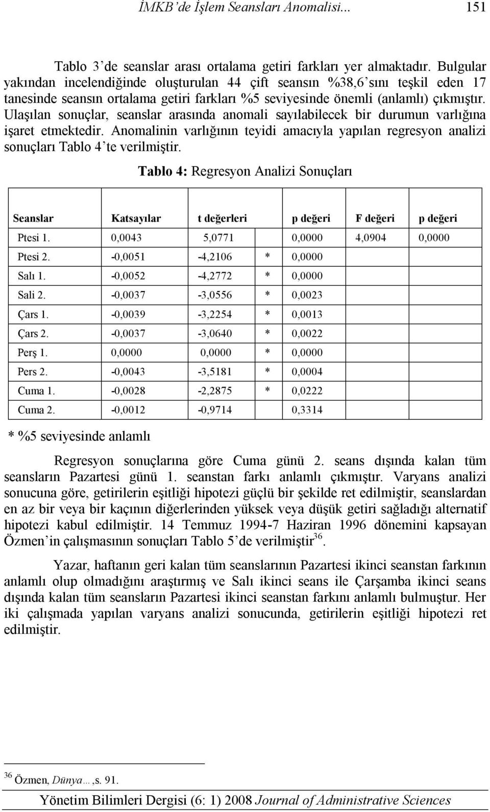 Ulaşılan sonuçlar, seanslar arasında anomali sayılabilecek bir durumun varlığına işaret etmektedir. Anomalinin varlığının teyidi amacıyla yapılan regresyon analizi sonuçları Tablo 4 te verilmiştir.