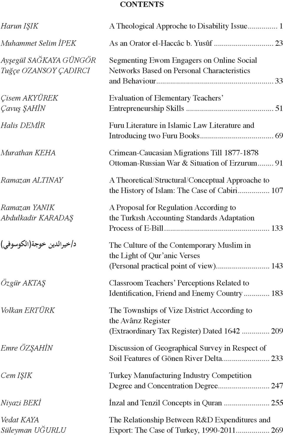 .. 33 Çisem AKYÜREK Evaluation of Elementary Teachers Çavuş ŞAHİN Entrepreneurship Skills... 51 Halis DEMİR Furu Literature in Islamic Law Literature and Introducing two Furu Books.