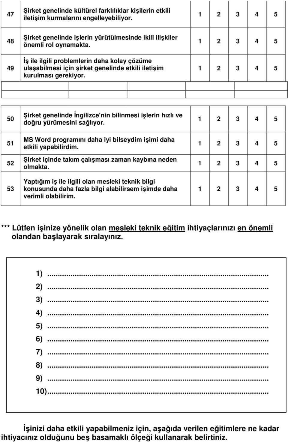 50 51 52 53 Şirket genelinde İngilizce'nin bilinmesi işlerin hızlı ve doğru yürümesini sağlıyor. MS Word programını daha iyi bilseydim işimi daha etkili yapabilirdim.