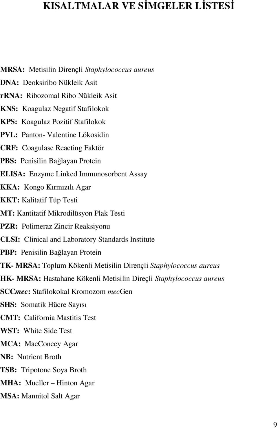 MT: Kantitatif Mikrodilüsyon Plak Testi PZR: Polimeraz Zincir Reaksiyonu CLSI: Clinical and Laboratory Standards Institute PBP: Penisilin Bağlayan Protein TK- MRSA: Toplum Kökenli Metisilin Dirençli