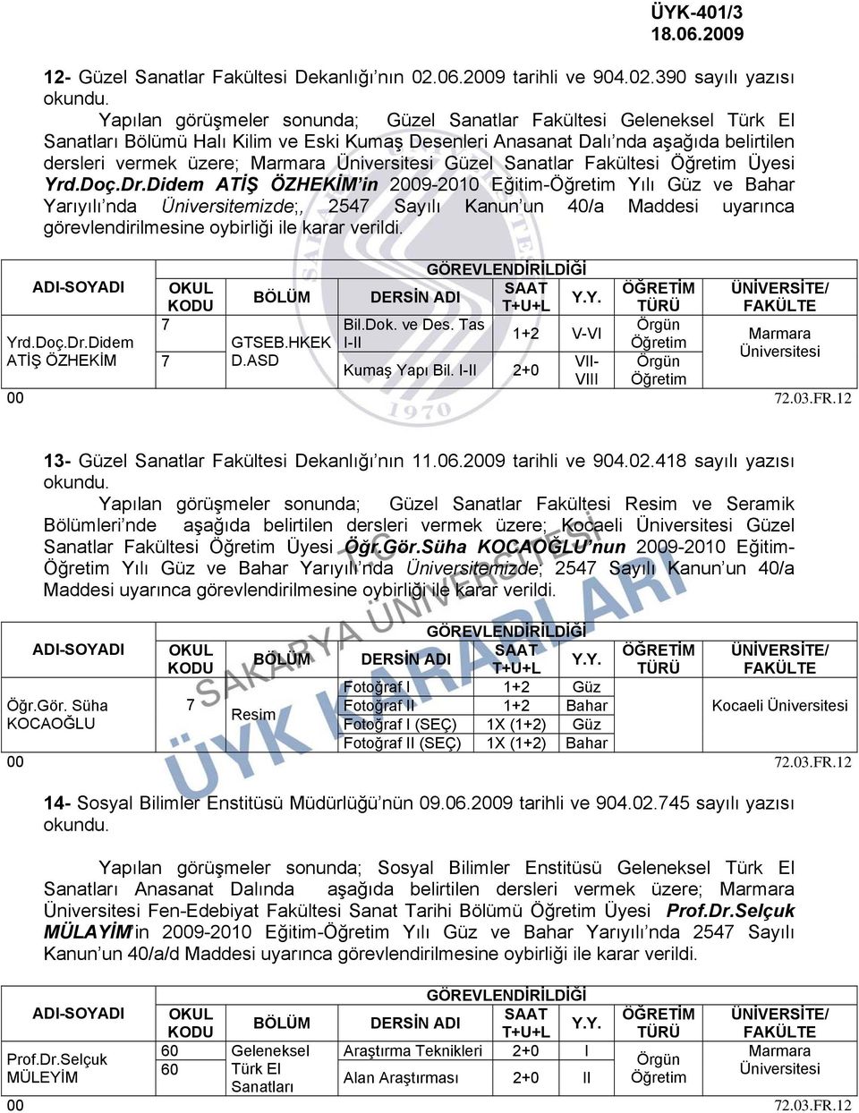 390 sayılı yazısı Yapılan görüşmeler sonunda; Güzel Sanatlar Fakültesi Geleneksel Türk El Sanatları Bölümü Halı Kilim ve Eski Kumaş Desenleri Anasanat Dalı nda aşağıda belirtilen dersleri vermek