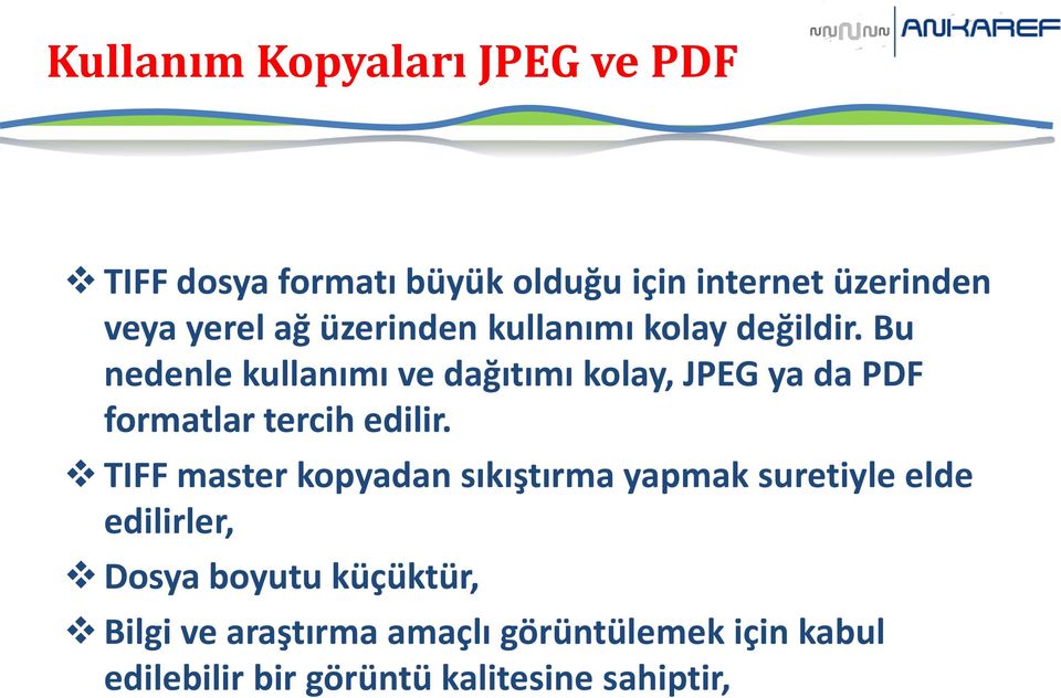 Bu nedenle kullanımı ve dağıtımı kolay, JPEG ya da PDF formatlar tercih edilir.