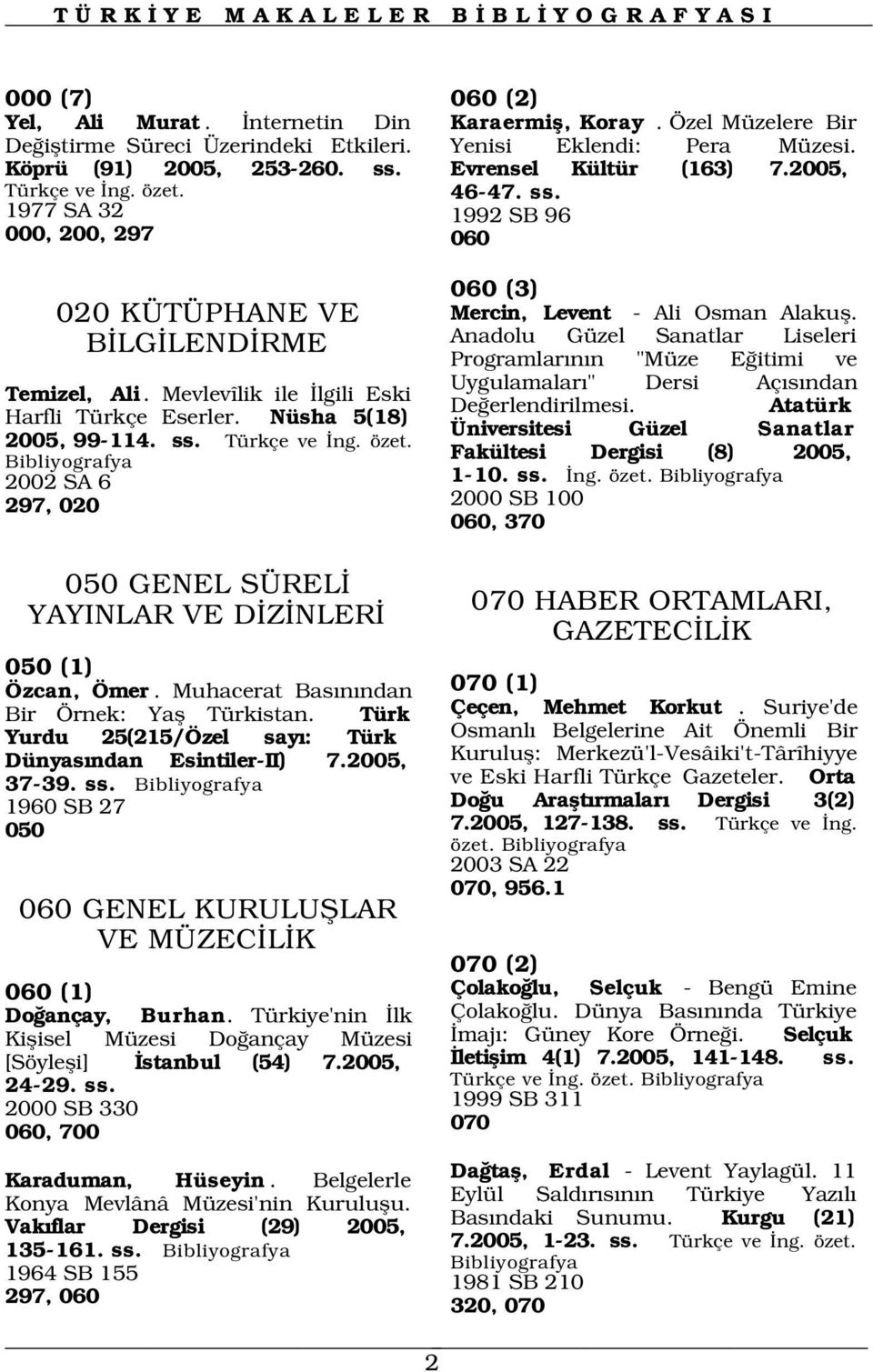 Nüsha 5(18) 2005, 99-114. ss. Türkçe ve ng. özet. 2002 SA 6 297, 020 050 GENEL SÜREL YAYINLAR VE D Z NLER 050 (1) Özcan, Ömer. Muhacerat Bas n ndan Bir Örnek: Yafl Türkistan.