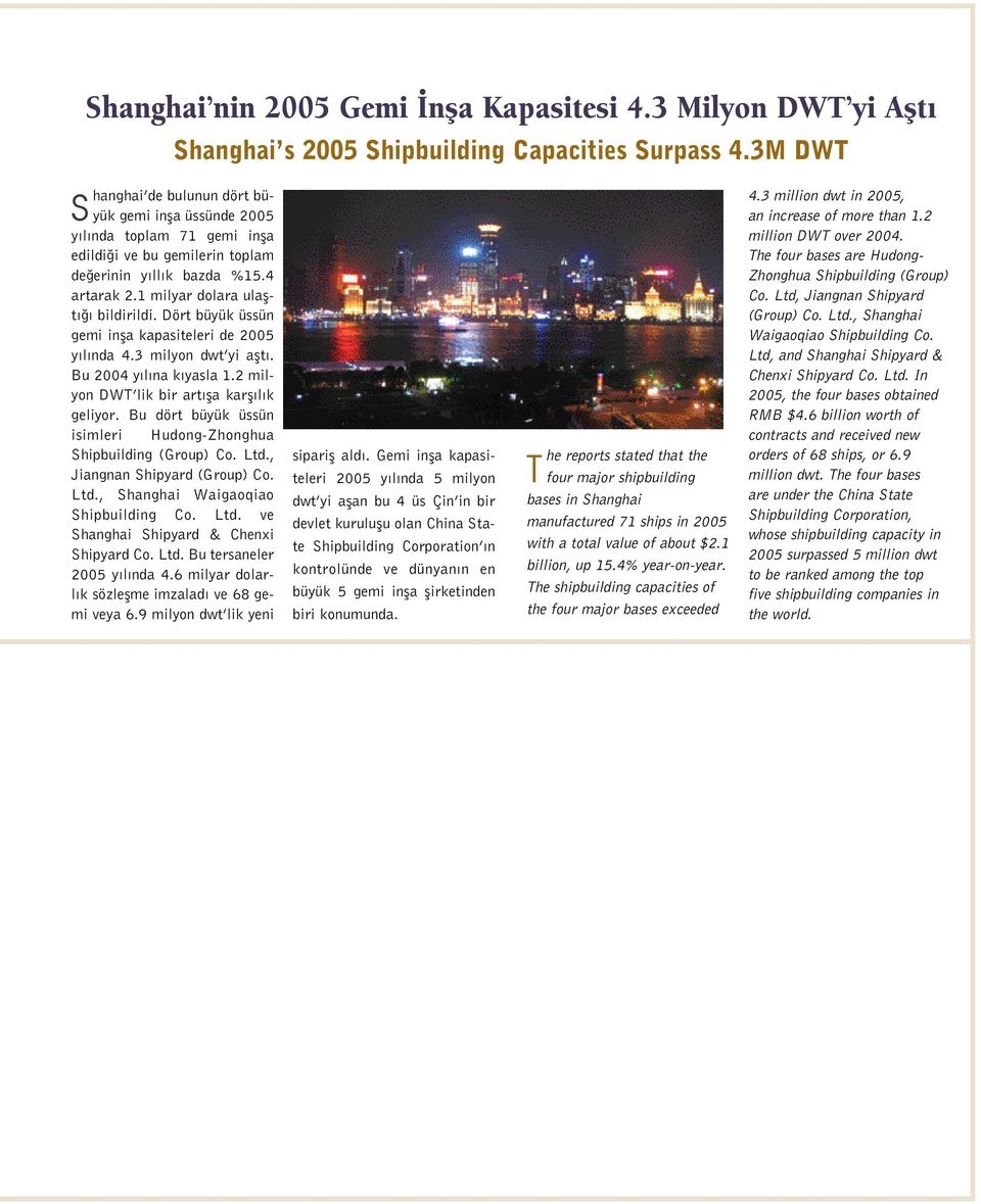 Dört büyük üssün gemi infla kapasiteleri de 2005 y l nda 4.3 milyon dwt yi aflt. Bu 2004 y l na k yasla 1.2 milyon DWT lik bir art fla karfl l k geliyor.