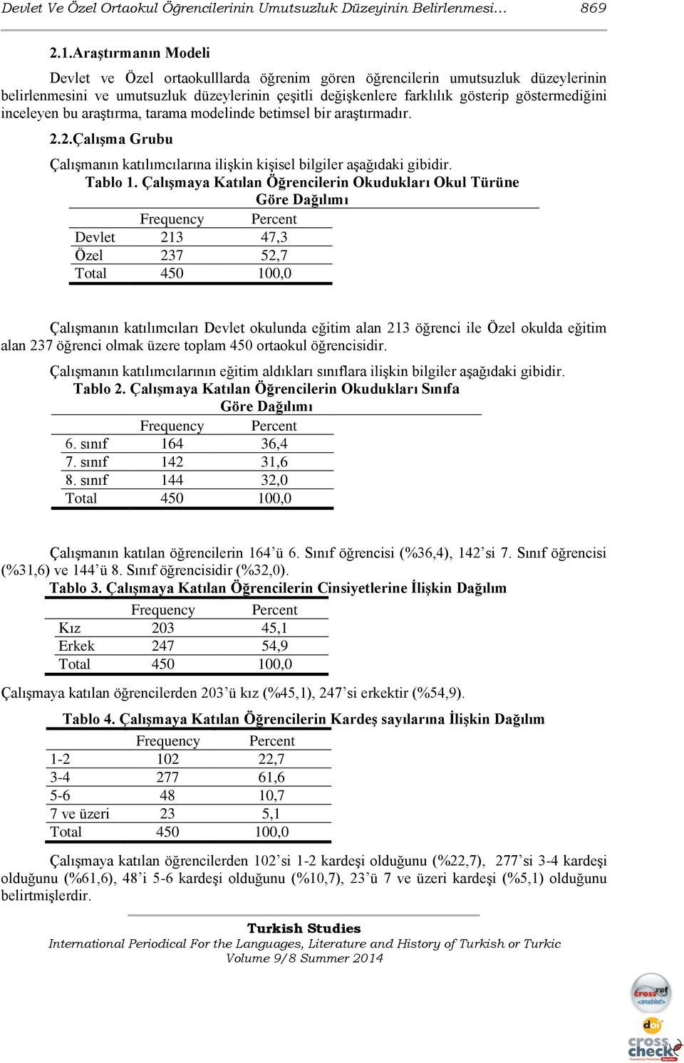 inceleyen bu araştırma, tarama modelinde betimsel bir araştırmadır. 2.2.Çalışma Grubu Çalışmanın katılımcılarına ilişkin kişisel bilgiler aşağıdaki gibidir. Tablo 1.