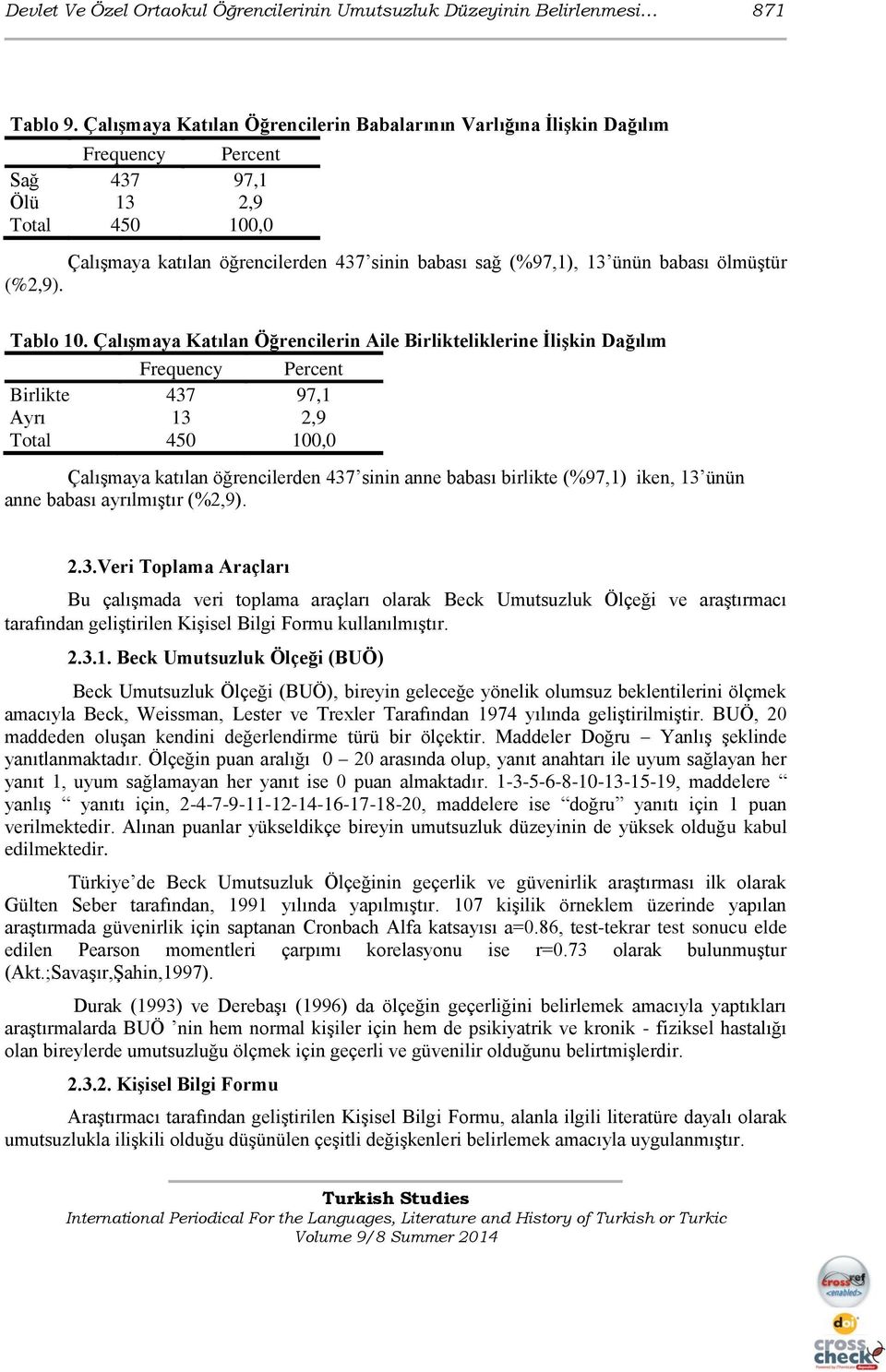 Çalışmaya Katılan Öğrencilerin Aile Birlikteliklerine İlişkin Dağılım Birlikte 437 97,1 Ayrı 13 2,9 Çalışmaya katılan öğrencilerden 437 sinin anne babası birlikte (%97,1) iken, 13 ünün anne babası