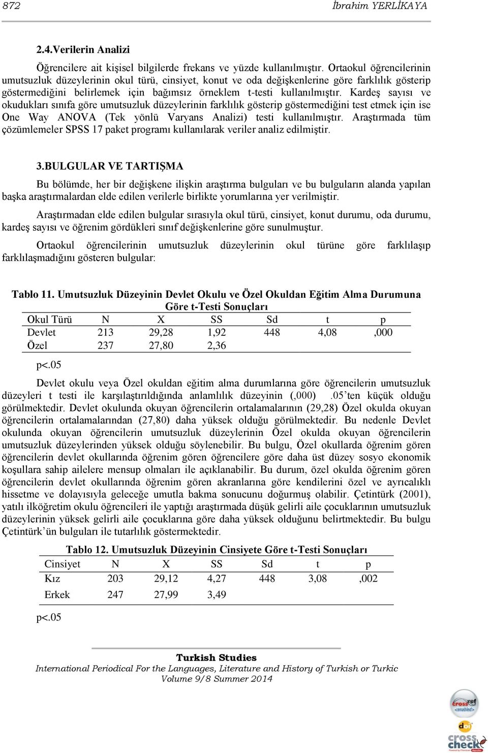 Kardeş sayısı ve okudukları sınıfa göre umutsuzluk düzeylerinin farklılık gösterip göstermediğini test etmek için ise One Way ANOVA (Tek yönlü Varyans Analizi) testi kullanılmıştır.