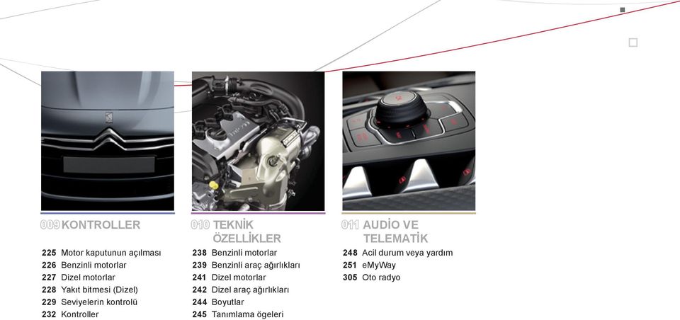 Kontroller 238 Benzinli motorlar 239 Benzinli araç ağırlıkları 241 Dizel motorlar 242 Dizel