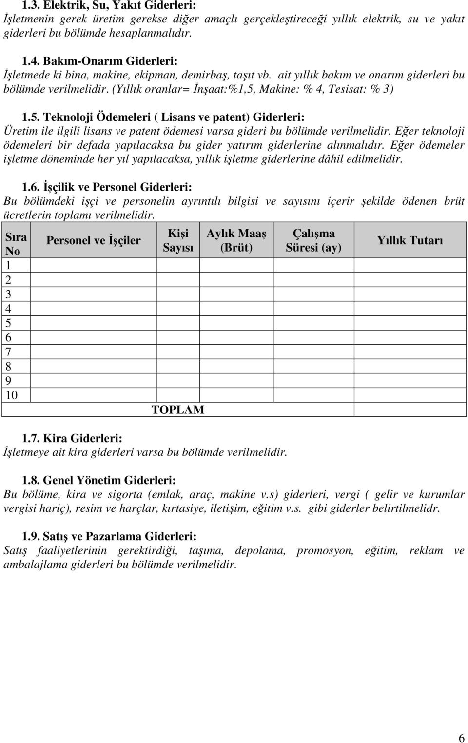 (Yıllık oranlar= İnşaat:%1,5, Makine: % 4, Tesisat: % 3) 1.5. Teknoloji Ödemeleri ( Lisans ve patent) Giderleri: Üretim ile ilgili lisans ve patent ödemesi varsa gideri bu bölümde verilmelidir.