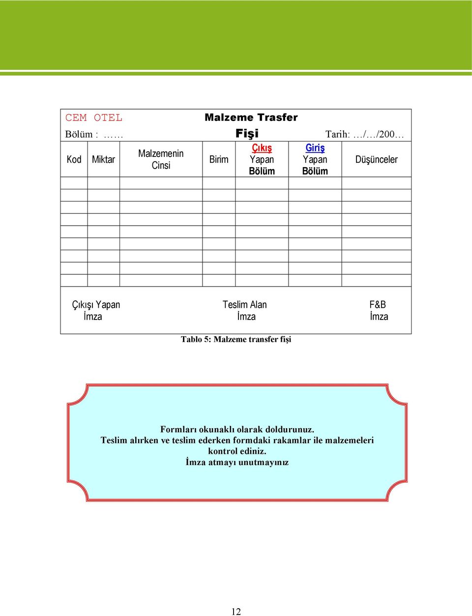 İmza Tablo 5: Malzeme transfer fişi Formları okunaklı olarak doldurunuz.