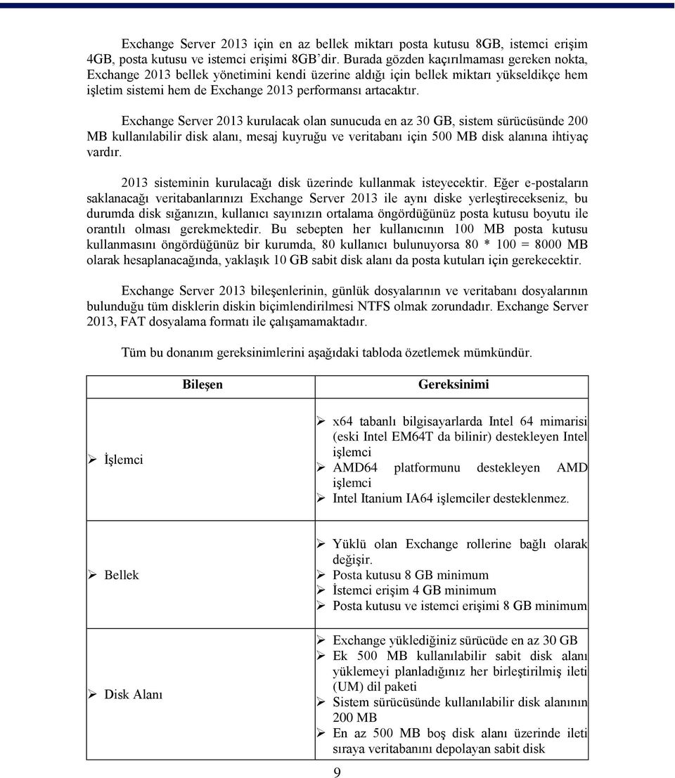 Exchange Server 2013 kurulacak olan sunucuda en az 30 GB, sistem sürücüsünde 200 MB kullanılabilir disk alanı, mesaj kuyruğu ve veritabanı için 500 MB disk alanına ihtiyaç vardır.