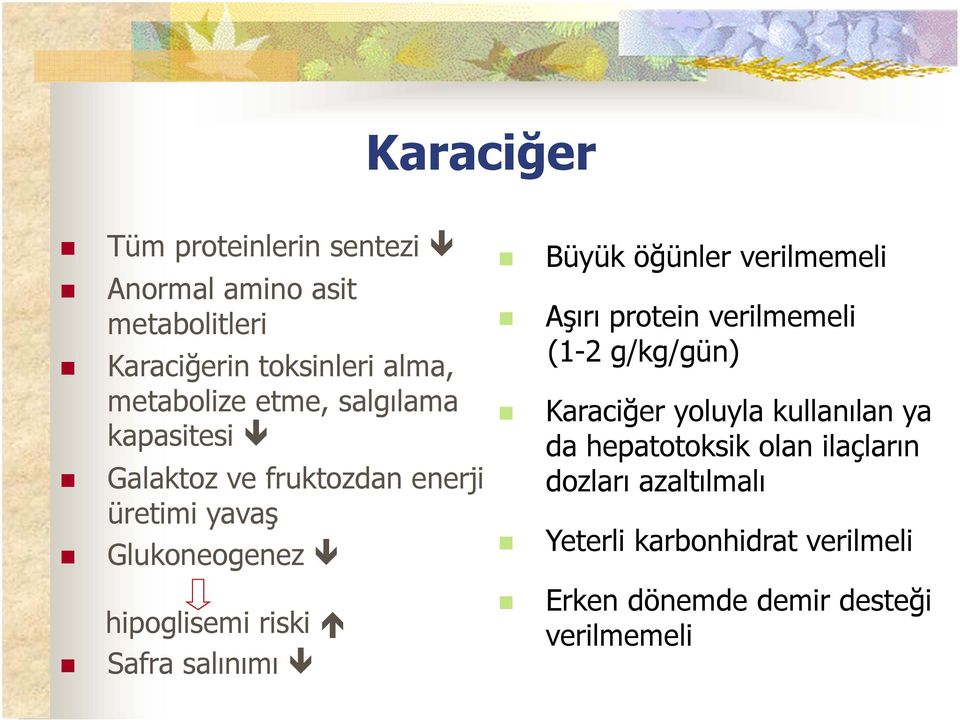 salınımı Büyük öğünler verilmemeli Aşırı protein verilmemeli (1-2 g/kg/gün) Karaciğer yoluyla kullanılan ya da