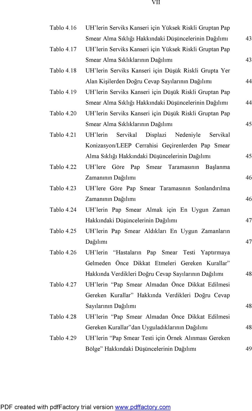 18 UH lerin Serviks Kanseri için Düşük Riskli Grupta Yer Alan Kişilerden Doğru Cevap Sayılarının Dağılımı 44 Tablo 4.