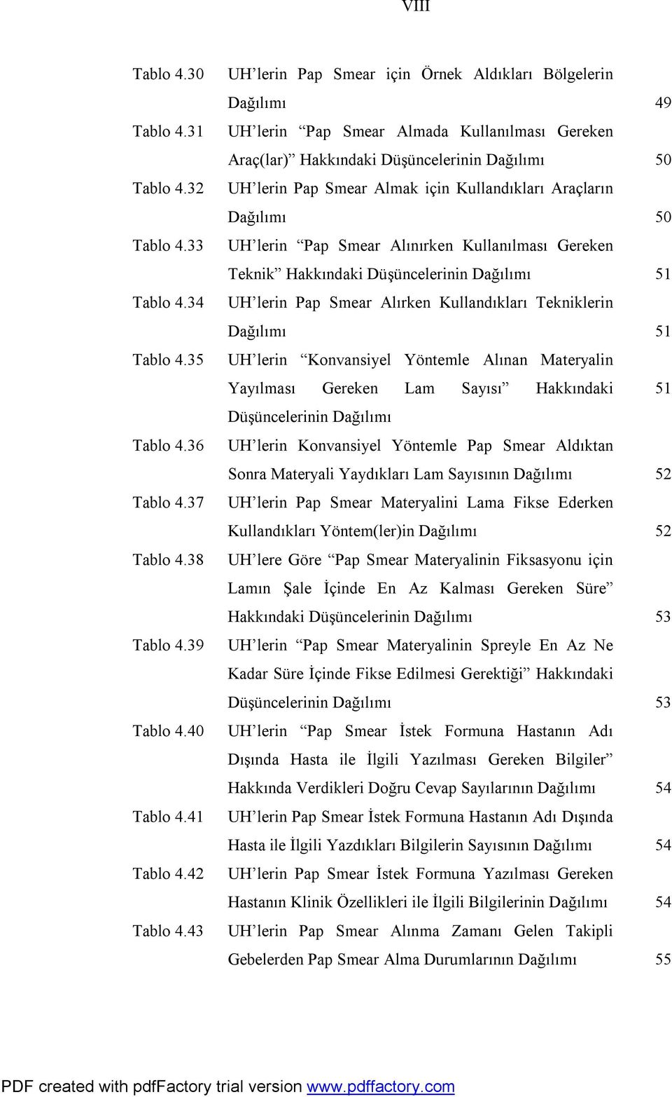 Kullandıkları Araçların Dağılımı 50 UH lerin Pap Smear Alınırken Kullanılması Gereken Teknik Hakkındaki Düşüncelerinin Dağılımı 51 UH lerin Pap Smear Alırken Kullandıkları Tekniklerin Dağılımı 51 UH