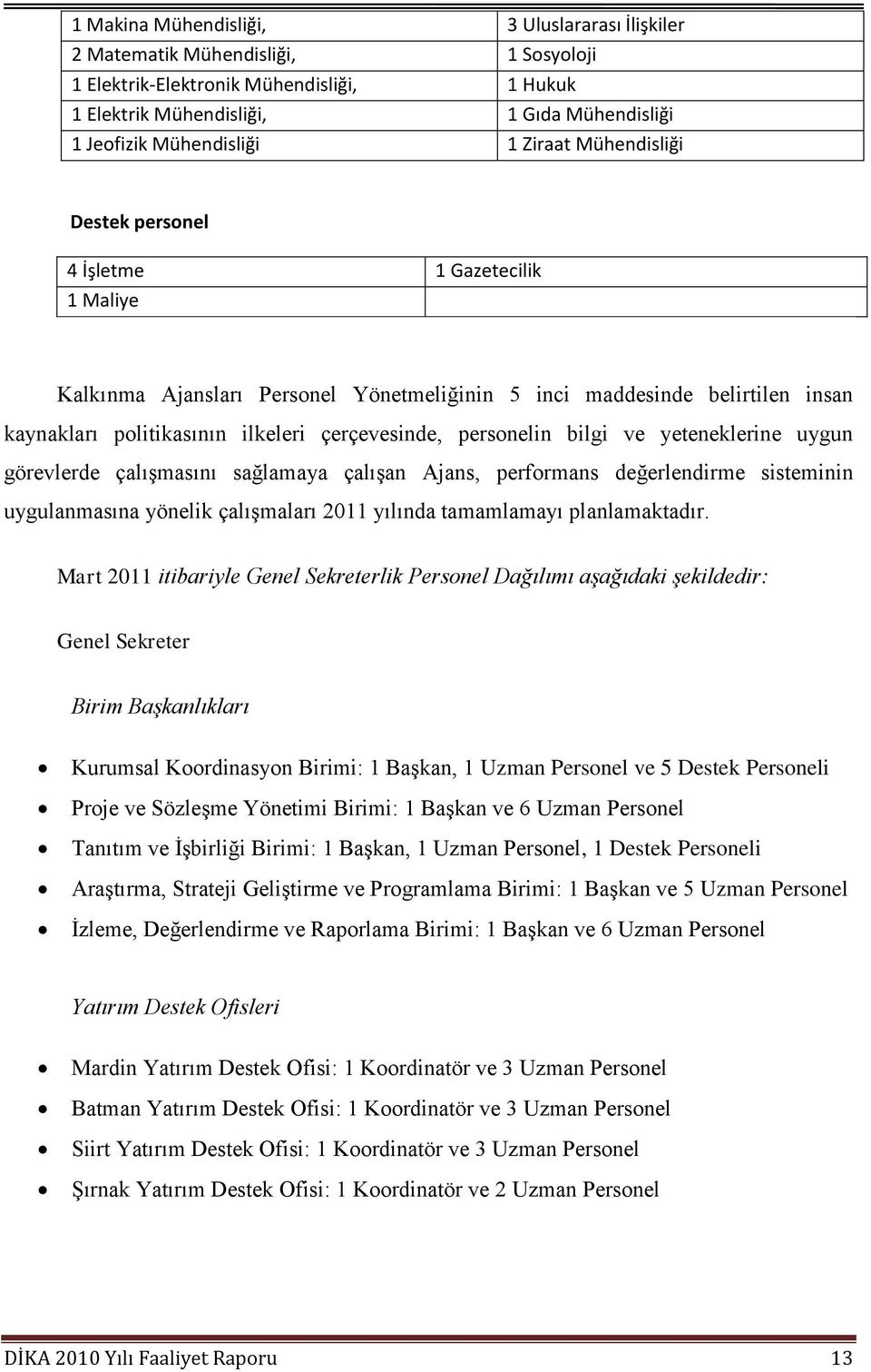 personelin bilgi ve yeteneklerine uygun görevlerde çalıģmasını sağlamaya çalıģan Ajans, performans değerlendirme sisteminin uygulanmasına yönelik çalıģmaları 2011 yılında tamamlamayı planlamaktadır.