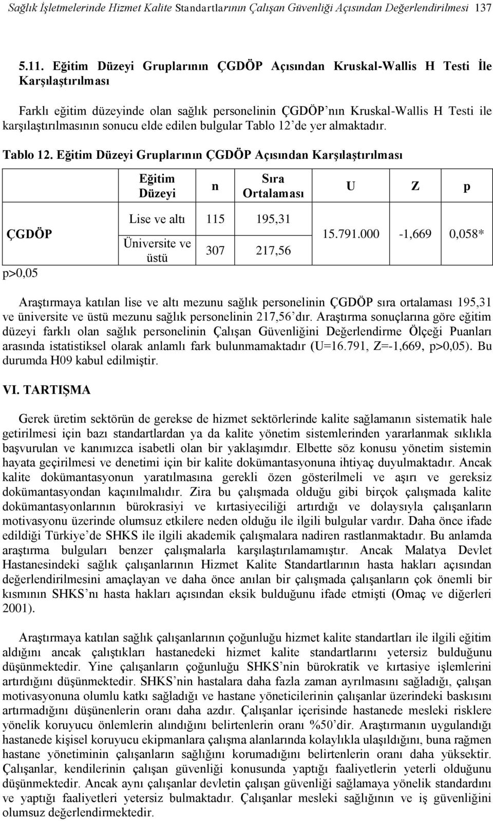 sonucu elde edilen bulgular Tablo 12 