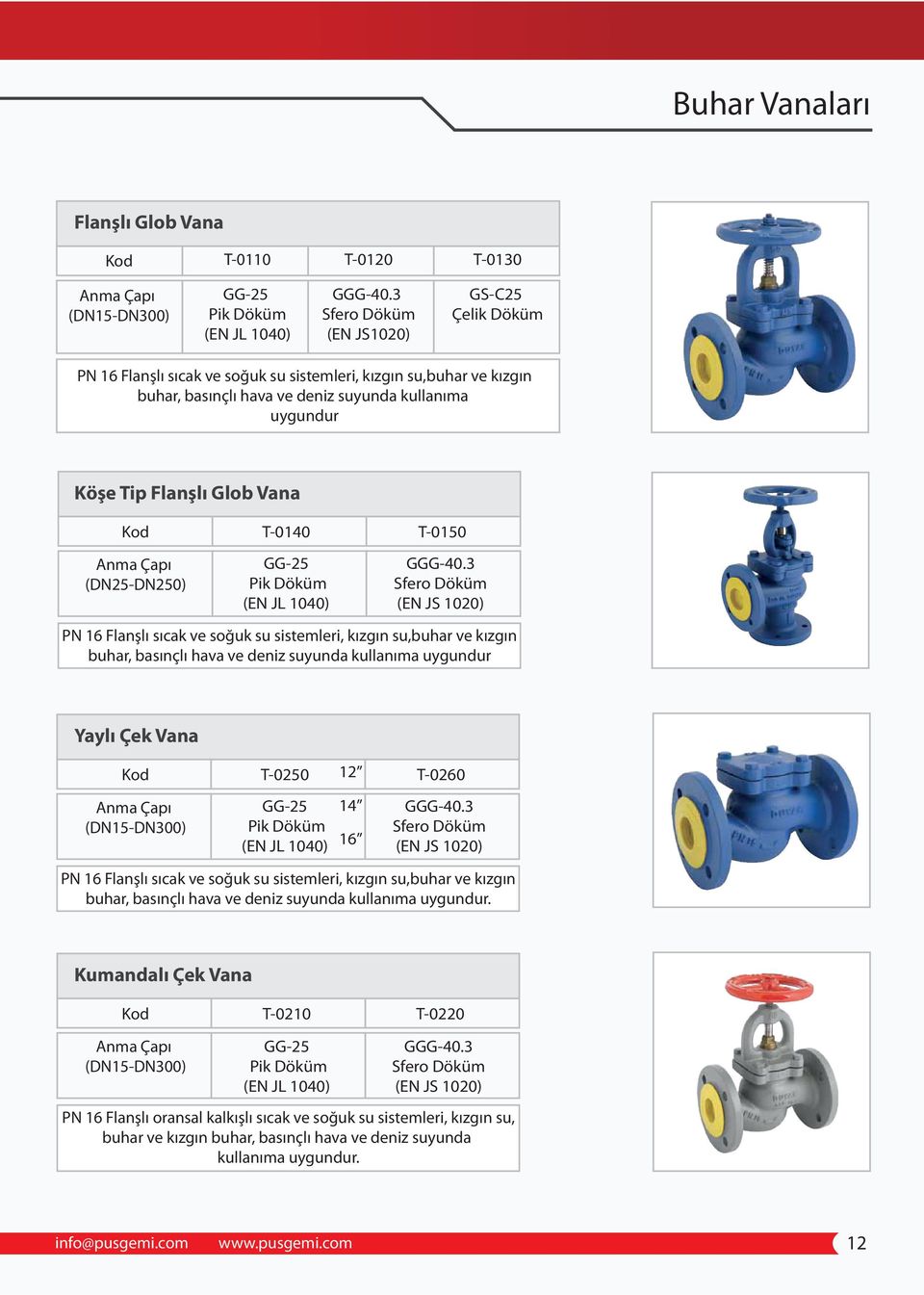 buhar, basınçlı hava ve deniz suyunda kullanıma uygundur Yaylı Çek Vana T-0250 (DN15-DN300) 12 14 GG-25 Pik Döküm 16 T-0260 (EN JS 1020) PN 16 Flanşlı sıcak ve soğuk su sistemleri, kızgın su,buhar ve