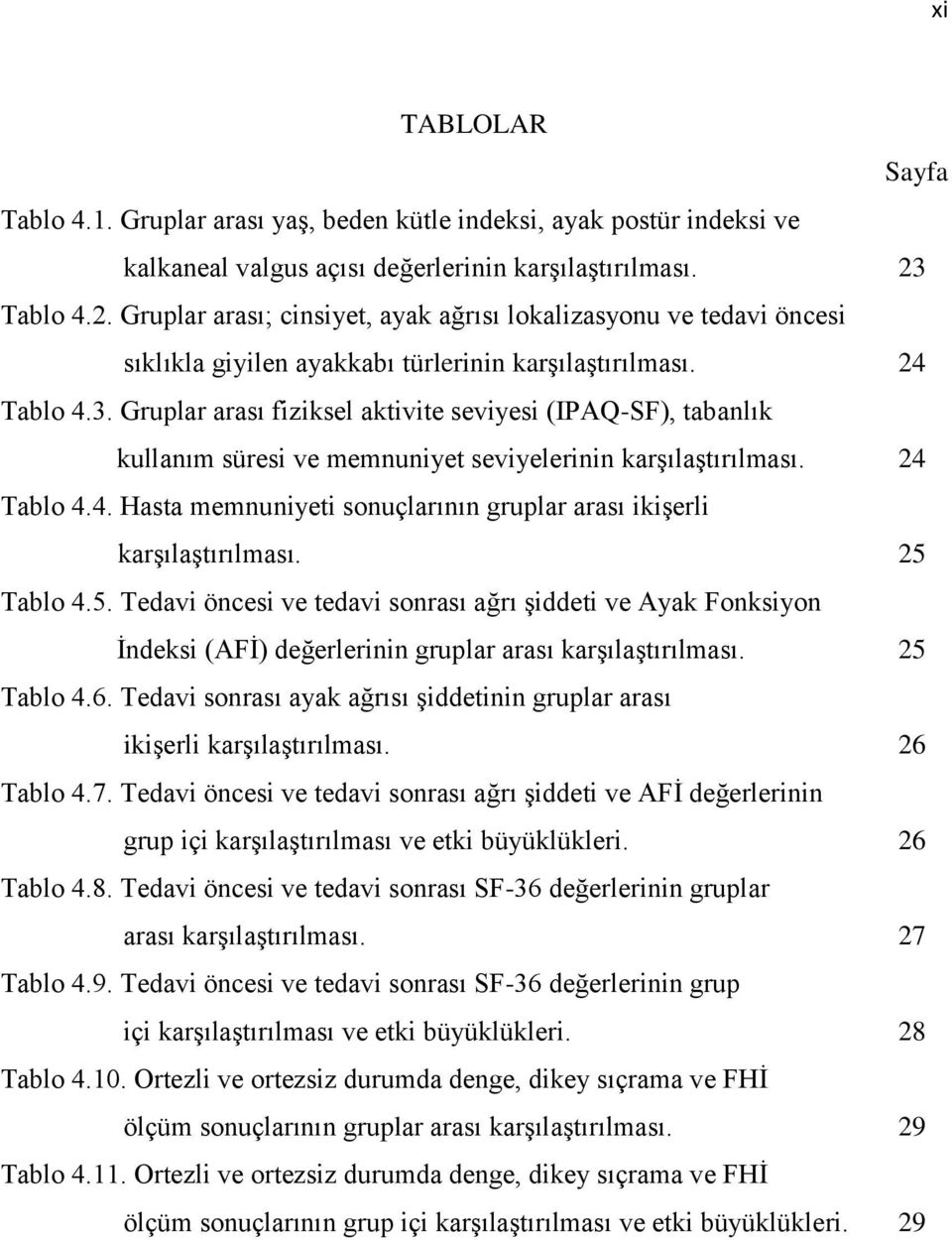 Gruplar arası fiziksel aktivite seviyesi (IPAQ-SF), tabanlık kullanım süresi ve memnuniyet seviyelerinin karşılaştırılması. 24 Tablo 4.4. Hasta memnuniyeti sonuçlarının gruplar arası ikişerli karşılaştırılması.