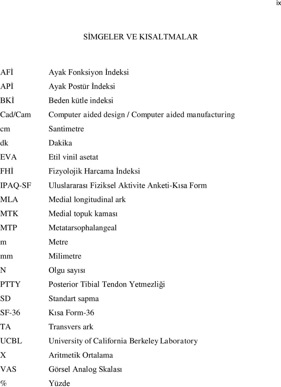 Medial longitudinal ark MTK Medial topuk kaması MTP Metatarsophalangeal m Metre mm Milimetre N Olgu sayısı PTTY Posterior Tibial Tendon Yetmezliği SD