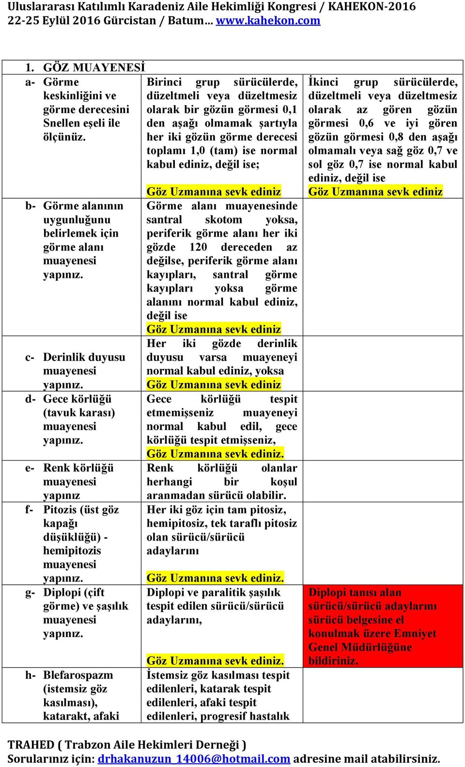 belirlemek için görme alanı c- Derinlik duyusu d- Gece körlüğü (tavuk karası) e- Renk körlüğü yapınız f- Pitozis (üst göz kapağı düşüklüğü) - hemipitozis g- Diplopi (çift görme) ve şaşılık h-