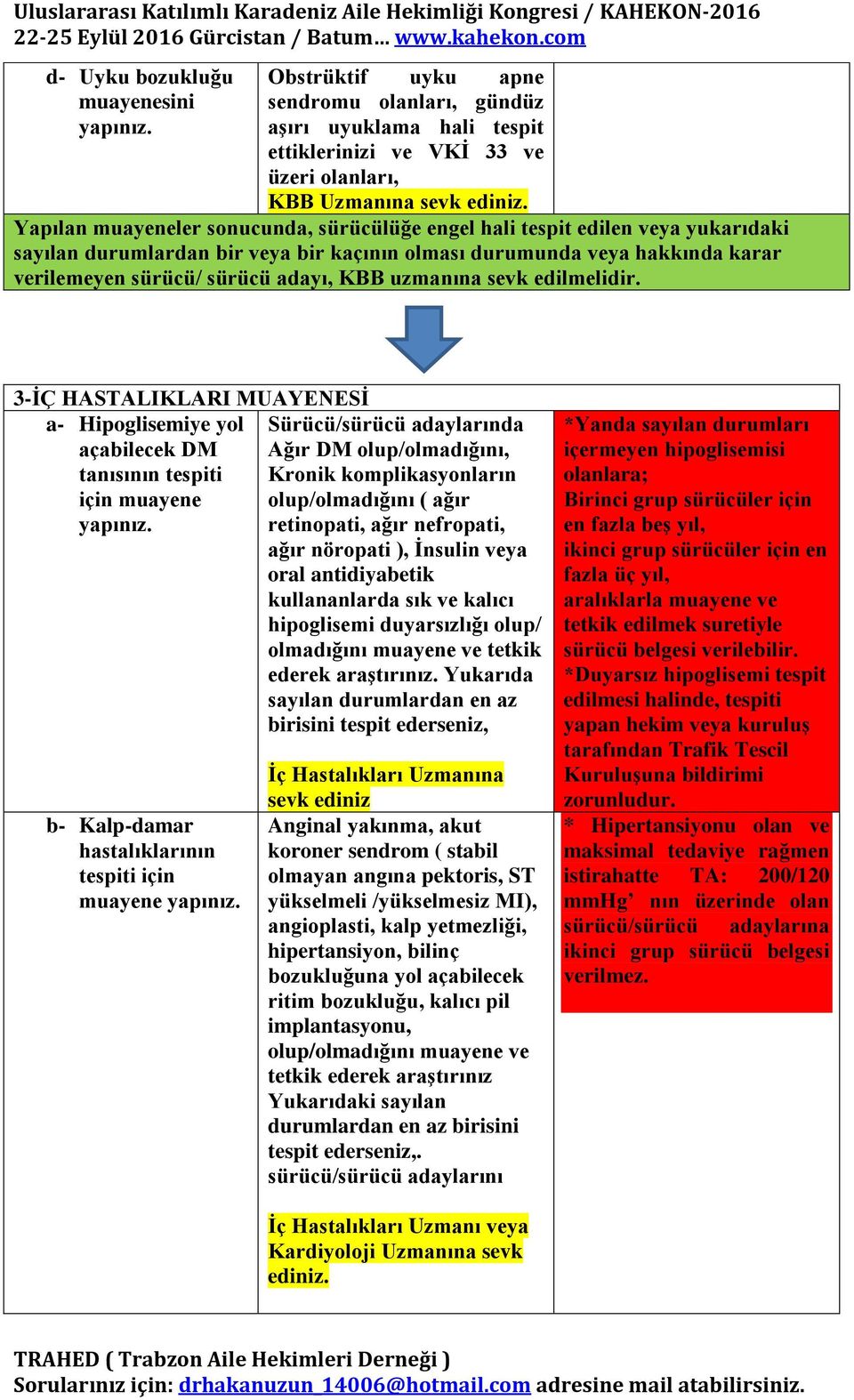 3-İÇ HASTALIKLARI MUAYENESİ a- Hipoglisemiye yol Sürücü/sürücü adaylarında açabilecek DM Ağır DM olup/olmadığını, tanısının tespiti Kronik komplikasyonların için muayene olup/olmadığını ( ağır