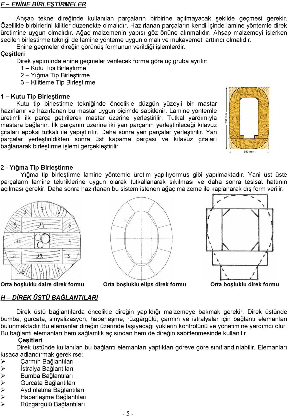 Ahşap malzemeyi işlerken seçilen birleştirme tekniği de lamine yönteme uygun olmalı ve mukavemeti arttırıcı olmalıdır. Enine geçmeler direğin görünüş formunun verildiği işlemlerdir.