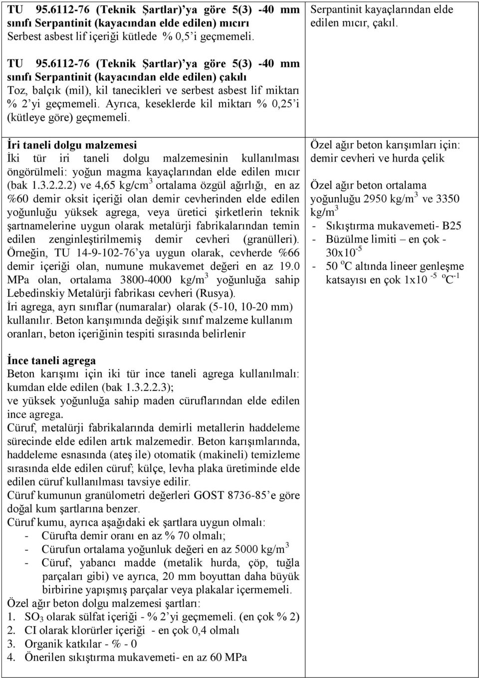 6112-76 (Teknik Şartlar) ya göre 5(3) -40 mm sınıfı Serpantinit (kayacından elde edilen) çakılı Toz, balçık (mil), kil tanecikleri ve serbest asbest lif miktarı % 2 yi geçmemeli.