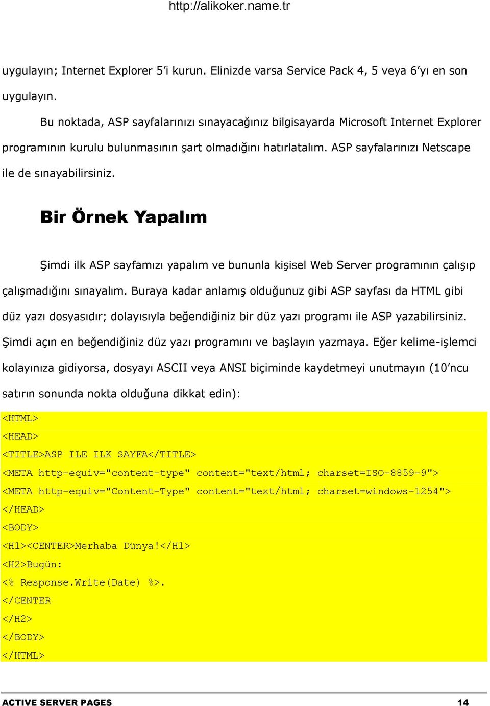 Bir Örnek Yapalım Şimdi ilk ASP sayfamızı yapalım ve bununla kişisel Web Server programının çalışıp çalışmadığını sınayalım.