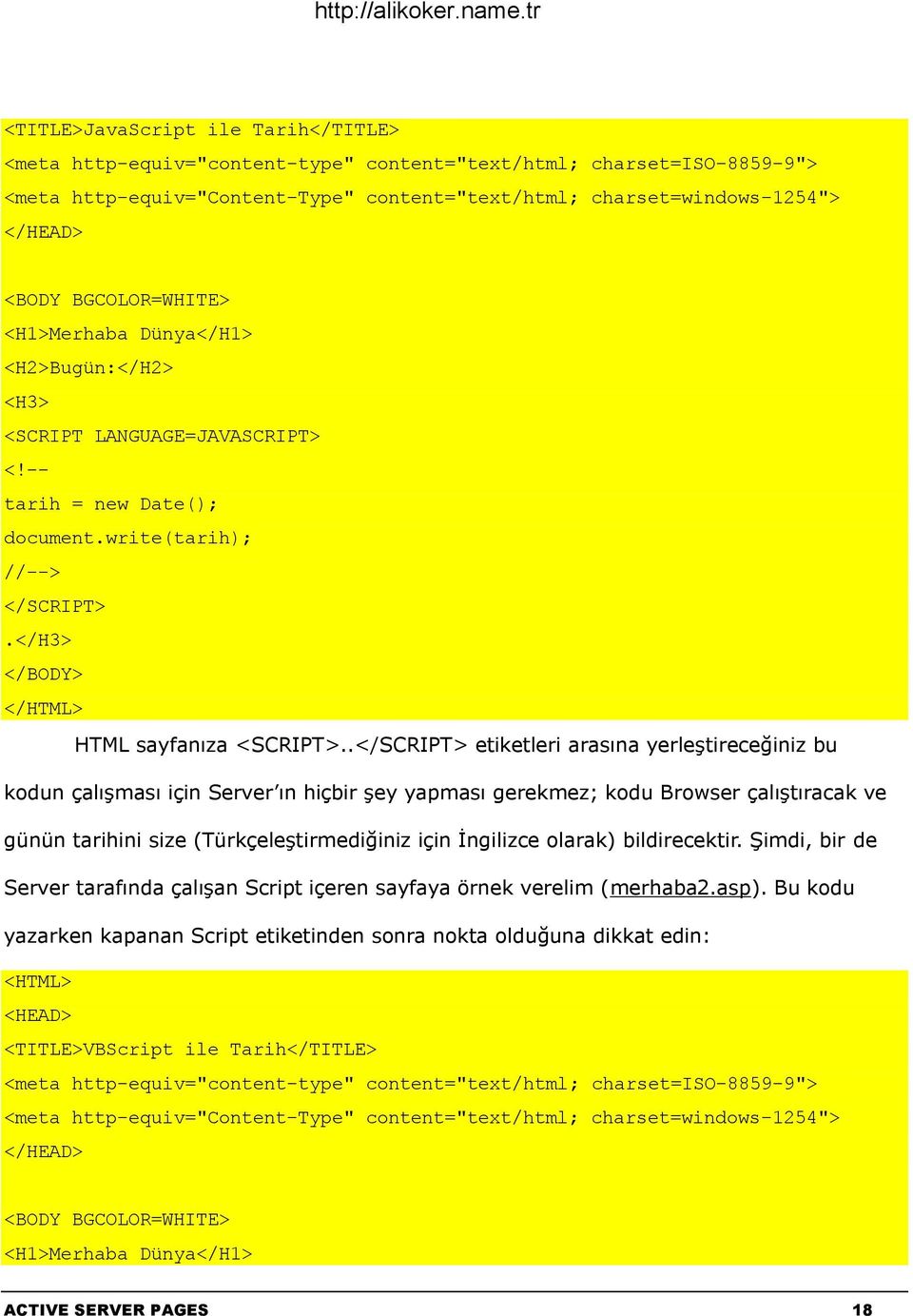 .</SCRIPT> etiketleri arasına yerleştireceğiniz bu kodun çalışması için Server ın hiçbir şey yapması gerekmez; kodu Browser çalıştıracak ve günün tarihini size (Türkçeleştirmediğiniz için İngilizce