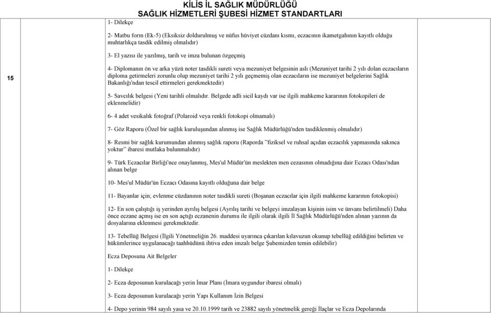 getirmeleri zorunlu olup mezuniyet tarihi 2 yılı geçmemiş olan eczacıların ise mezuniyet belgelerini Sağlık Bakanlığı'ndan tescil ettirmeleri gerekmektedir) 5- Savcılık belgesi (Yeni tarihli