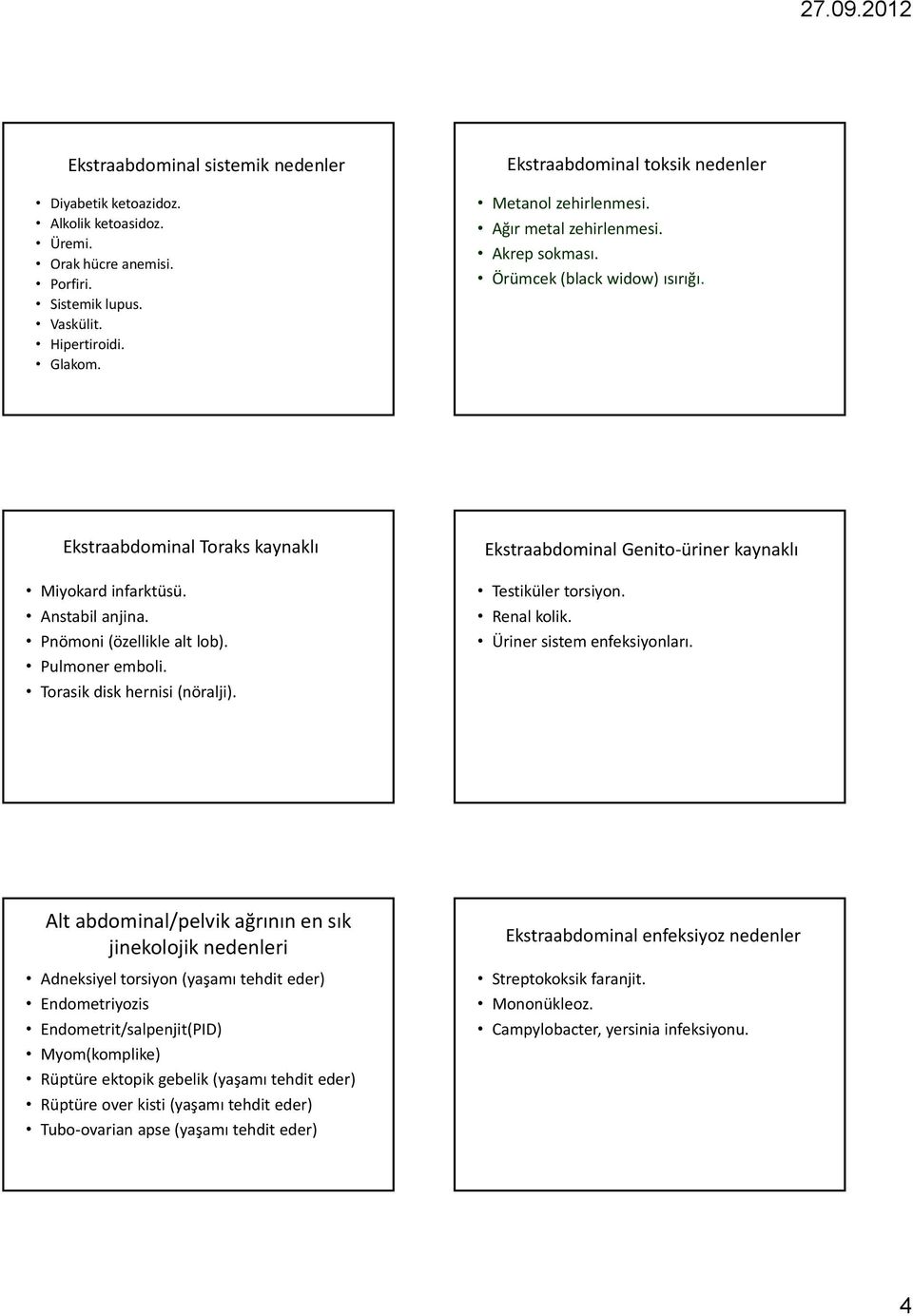 Pnömoni (özellikle alt lob). Pulmoner emboli. Torasik disk hernisi (nöralji). Ekstraabdominal Genito üriner kaynaklı Testiküler torsiyon. Renal kolik. Üriner sistem enfeksiyonları.