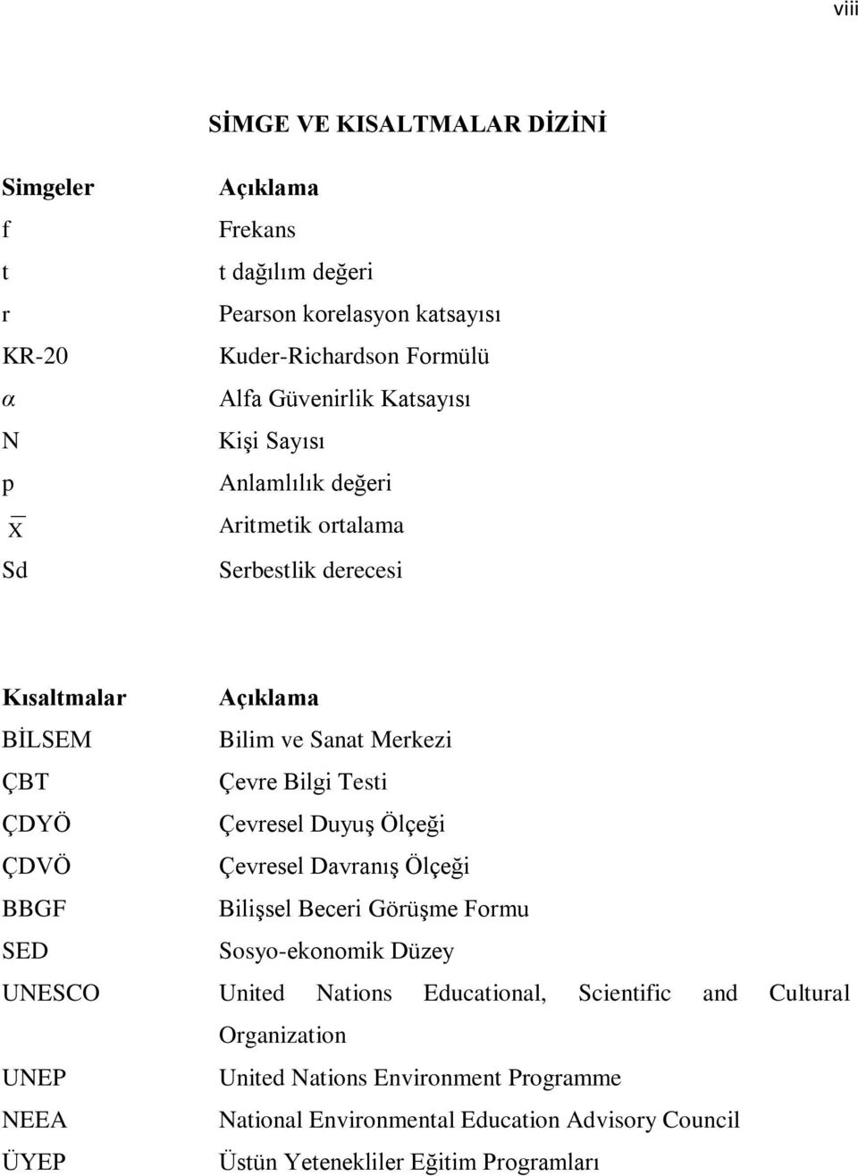 ÇDYÖ Çevresel Duyuş Ölçeği ÇDVÖ Çevresel Davranış Ölçeği BBGF Bilişsel Beceri Görüşme Formu SED Sosyo-ekonomik Düzey UNESCO United Nations Educational, Scientific