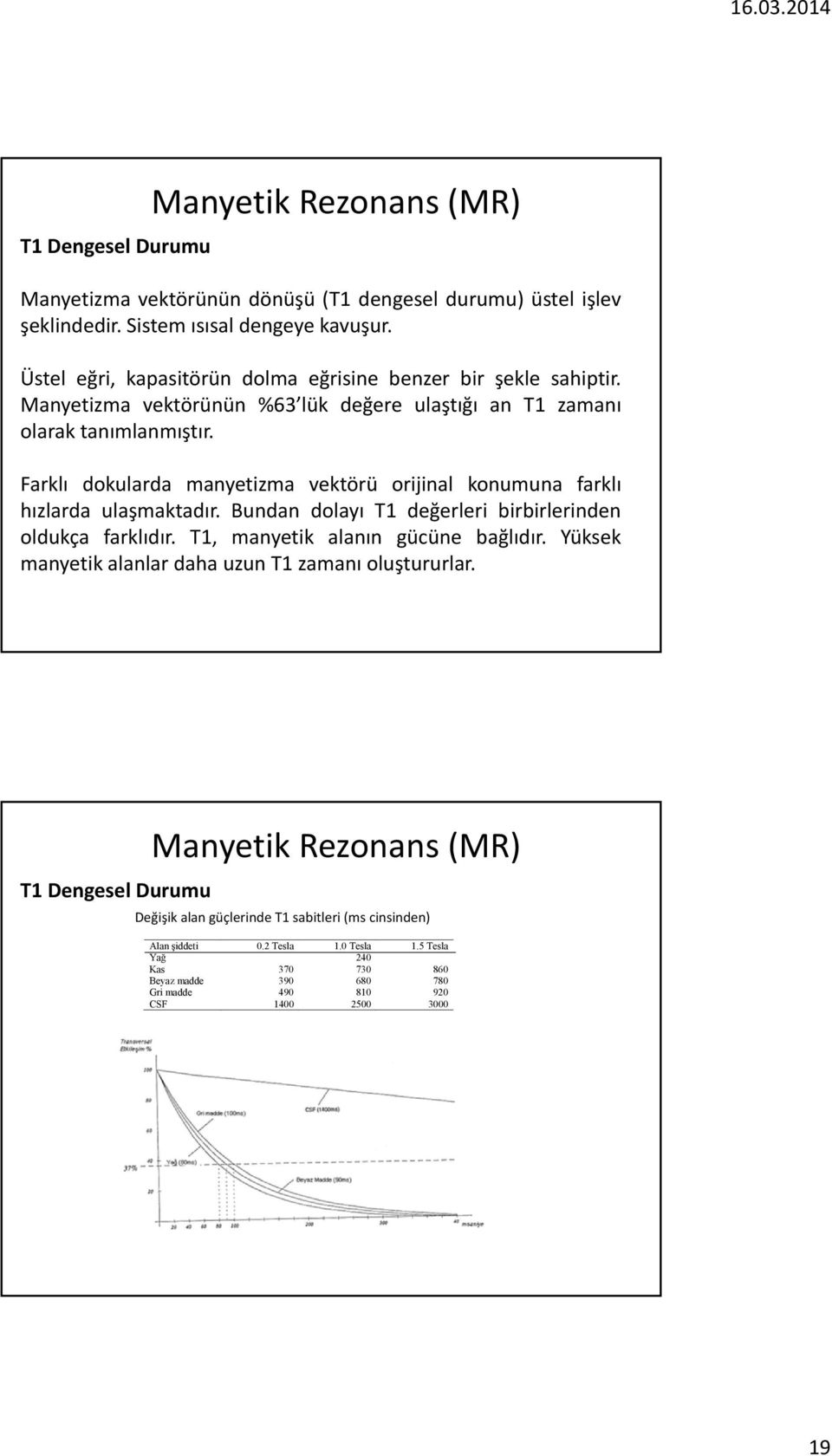 Farklı dokularda manyetizma vektörü orijinal konumuna farklı hızlarda ulaşmaktadır. Bundan dolayı T1 değerleri birbirlerinden oldukça farklıdır.